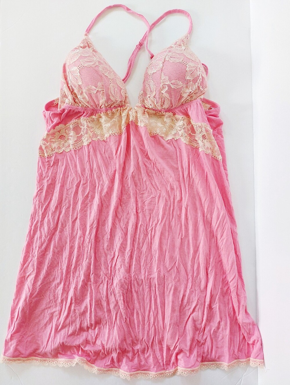 Pink & Cream Lace Babydoll Nightgown Large Victoria's Secret Low Back Romantic W